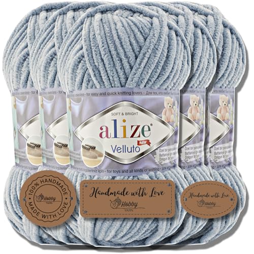 Hobby YARN 3x Etikettenlabel mit Alize Velluto Wolle Premium 5x100g als Set | Chenille Dicke Wolle zum Häkeln Uni Farbe Bulky Amigurumi Baby Kuschelwolle Filzwolle (Medium Grey | 428) von Hobby YARN