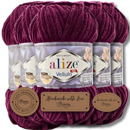 Hobby YARN 3x Etikettenlabel mit Alize Velluto Wolle Premium 5x100g als Set | Chenille Dicke Wolle zum Häkeln Uni Farbe Bulky Amigurumi Baby Kuschelwolle Filzwolle (Plum | 111) von Hobby YARN