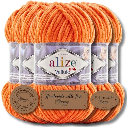 Hobby YARN 3x Etikettenlabel mit Alize Velluto Wolle Premium 5x100g als Set | Chenille Dicke Wolle zum Häkeln Uni Farbe Bulky Amigurumi Kuschelwolle Filzwolle (550) von Hobby YARN