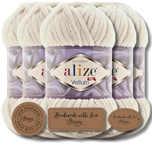 Hobby YARN 3x Etikettenlabel mit Alize Velluto Wolle Premium 5x100g als Set | Chenille Dicke Wolle zum Häkeln Uni Farbe Bulky Amigurumi Kuschelwolle Filzwolle (599) von Hobby YARN
