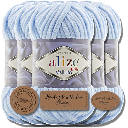 Hobby YARN 3x Etikettenlabel mit Alize Velluto Wolle Premium 5x100g als Set | Chenille Dicke Wolle zum Häkeln Uni Farbe Bulky Amigurumi Baby Kuschelwolle Filzwolle (Baby Blue | 218) von Hobby YARN