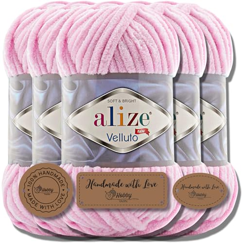 Hobby YARN 3x Etikettenlabel mit Alize Velluto Wolle Premium 5x100g als Set | Chenille Dicke Wolle zum Häkeln Uni Farbe Bulky Amigurumi Baby Kuschelwolle Filzwolle (Baby Pink | 31) von Hobby YARN