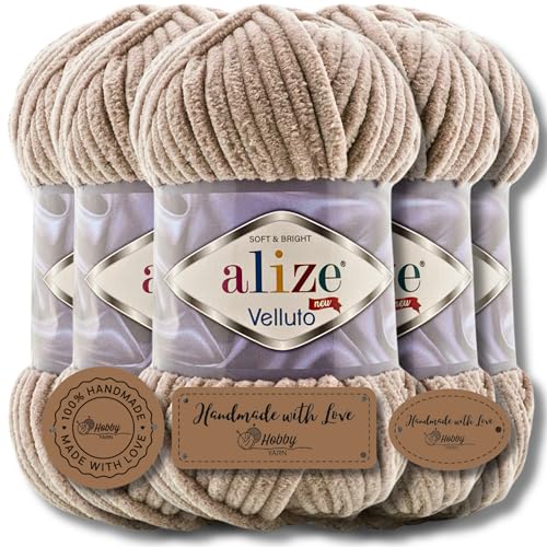 Hobby YARN 3x Etikettenlabel mit Alize Velluto Wolle Premium 5x100g als Set | Chenille Dicke Wolle zum Häkeln Uni Farbe Bulky Amigurumi Baby Kuschelwolle Filzwolle (Beige | 530) von Hobby YARN
