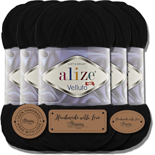 Hobby YARN 3x Etikettenlabel mit Alize Velluto Wolle Premium 5x100g als Set | Chenille Dicke Wolle zum Häkeln Uni Farbe Bulky Amigurumi Baby Kuschelwolle Filzwolle (Black | 60) von Hobby YARN