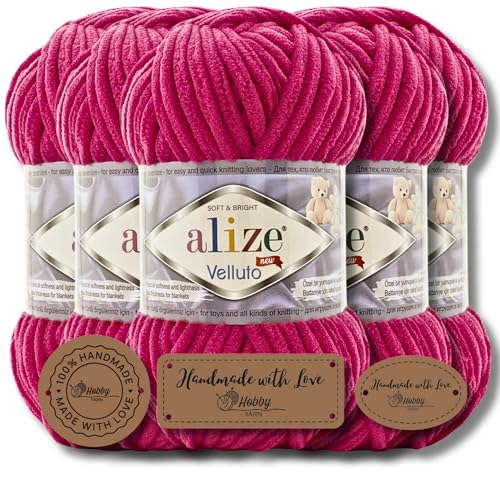 Hobby YARN 3x Etikettenlabel mit Alize Velluto Wolle Premium 5x100g als Set | Chenille Dicke Wolle zum Häkeln Uni Farbe Bulky Amigurumi Baby Kuschelwolle Filzwolle (Bougainvillea | 798) von Hobby YARN
