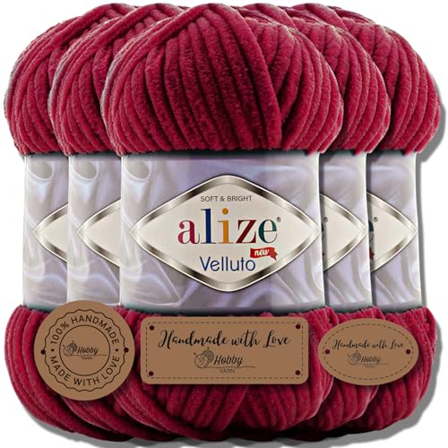 Hobby YARN 3x Etikettenlabel mit Alize Velluto Wolle Premium 5x100g als Set, Chenille Dicke Wolle zum Häkeln Uni Farbe Bulky Amigurumi Baby Kuschelwolle Filzwolle (Cherry - 107) von Hobby YARN