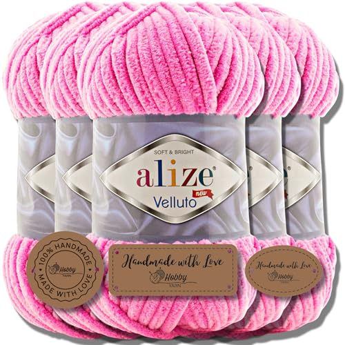 Hobby YARN 3x Etikettenlabel mit Alize Velluto Wolle Premium 5x100g als Set | Chenille Dicke Wolle zum Häkeln Uni Farbe Bulky Amigurumi Baby Kuschelwolle Filzwolle (Cotton Candy | 121) von Hobby YARN