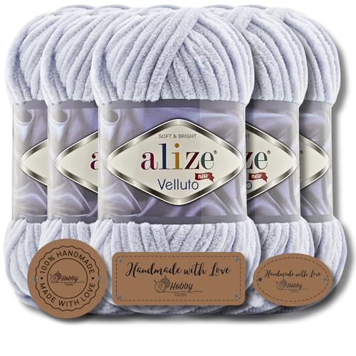 Hobby YARN 3x Etikettenlabel mit Alize Velluto Wolle Premium 5x100g als Set | Chenille Dicke Wolle zum Häkeln Uni Farbe Bulky Amigurumi Kuschelwolle Filzwolle (Grey | 416) von Hobby YARN