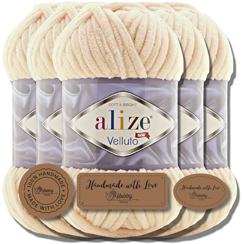 Hobby YARN 3x Etikettenlabel mit Alize Velluto Wolle Premium 5x100g als Set | Chenille Dicke Wolle zum Häkeln Uni Farbe Bulky Amigurumi Baby Kuschelwolle Filzwolle (Honey | 310) von Hobby YARN