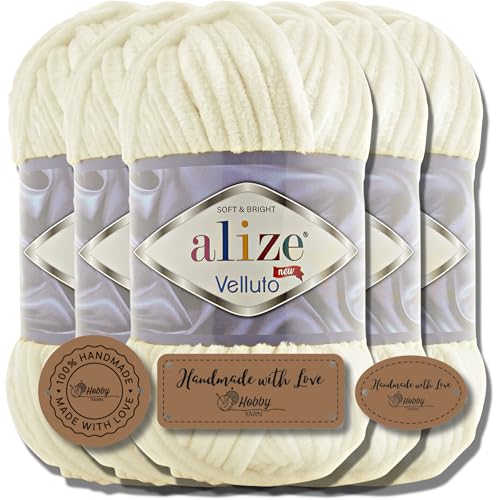 Hobby YARN 3x Etikettenlabel mit Alize Velluto Wolle Premium 5x100g als Set | Chenille Dicke Wolle zum Häkeln Uni Farbe Bulky Amigurumi Baby Kuschelwolle Filzwolle (Light Cream | 62) von Hobby YARN
