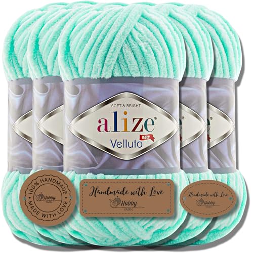 Hobby YARN 3x Etikettenlabel mit Alize Velluto Wolle Premium 5x100g als Set | Chenille Dicke Wolle zum Häkeln Uni Farbe Bulky Amigurumi Baby Kuschelwolle Filzwolle (Light Turquoise | 19) von Hobby YARN