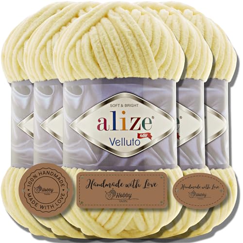 Hobby YARN 3x Etikettenlabel mit Alize Velluto Wolle Premium 5x100g als Set | Chenille Dicke Wolle zum Häkeln Uni Farbe Bulky Amigurumi Kuschelwolle Filzwolle (Light Yellow | 13) von Hobby YARN