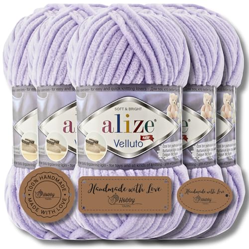 Hobby YARN 3x Etikettenlabel mit Alize Velluto Wolle Premium 5x100g als Set | Chenille Dicke Wolle zum Häkeln Uni Farbe Bulky Amigurumi Baby Kuschelwolle Filzwolle (Lilac | 146) von Hobby YARN
