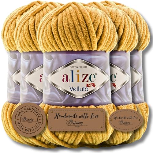 Hobby YARN 3x Etikettenlabel mit Alize Velluto Wolle Premium 5x100g als Set | Chenille Dicke Wolle zum Häkeln Uni Farbe Bulky Amigurumi Baby Kuschelwolle Filzwolle (Mustard | 2) von Hobby YARN
