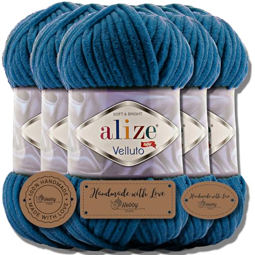 Hobby YARN 3x Etikettenlabel mit Alize Velluto Wolle Premium 5x100g als Set, Chenille Dicke Wolle zum Häkeln Uni Farbe Bulky Amigurumi Baby Kuschelwolle Filzwolle (Mykonos Blue - 646) von Hobby YARN