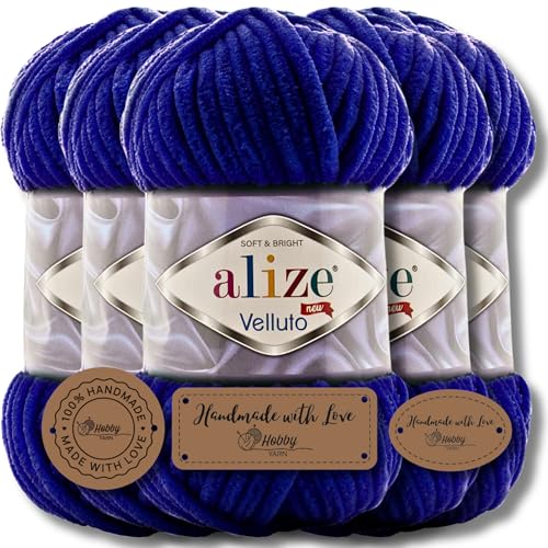 Hobby YARN 3x Etikettenlabel mit Alize Velluto Wolle Premium 5x100g als Set | Chenille Dicke Wolle zum Häkeln Uni Farbe Bulky Amigurumi Baby Kuschelwolle Filzwolle (Navy | 360) von Hobby YARN