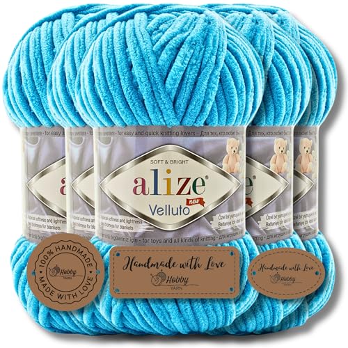 Hobby YARN 3x Etikettenlabel mit Alize Velluto Wolle Premium 5x100g als Set | Chenille Dicke Wolle zum Häkeln Uni Farbe Bulky Amigurumi Baby Kuschelwolle Filzwolle (Ocean | 16) von Hobby YARN