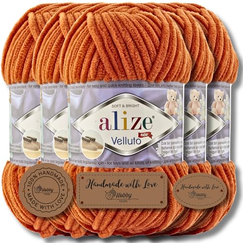Hobby YARN 3x Etikettenlabel mit Alize Velluto Wolle Premium 5x100g als Set | Chenille Dicke Wolle zum Häkeln Uni Farbe Bulky Amigurumi Baby Kuschelwolle Filzwolle (Orange | 6) von Hobby YARN