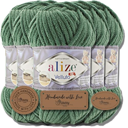 Hobby YARN 3x Etikettenlabel mit Alize Velluto Wolle Premium 5x100g als Set | Chenille Dicke Wolle zum Häkeln Uni Farbe Bulky Amigurumi Kuschelwolle Filzwolle (Pine Green | 532) von Hobby YARN