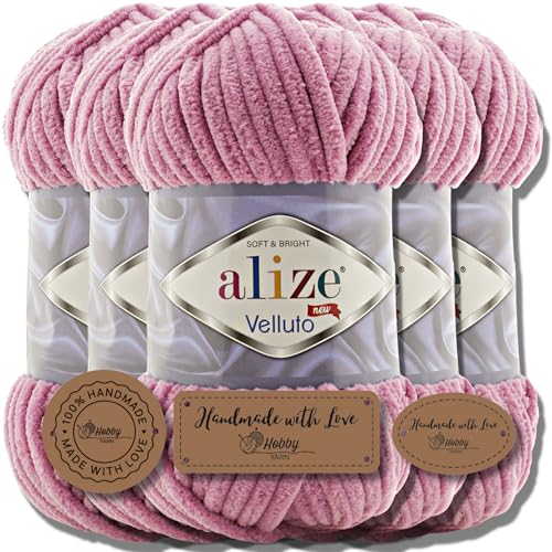 Hobby YARN 3x Etikettenlabel mit Alize Velluto Wolle Premium 5x100g als Set | Chenille Dicke Wolle zum Häkeln Uni Farbe Bulky Amigurumi Baby Kuschelwolle Filzwolle (Pink | 98) von Hobby YARN