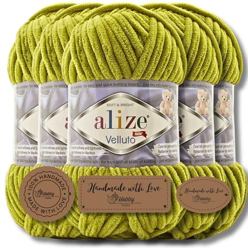 Hobby YARN 3x Etikettenlabel mit Alize Velluto Wolle Premium 5x100g als Set | Chenille Dicke Wolle zum Häkeln Uni Farbe Bulky Amigurumi Baby Kuschelwolle Filzwolle (Pistachio Green | 11) von Hobby YARN