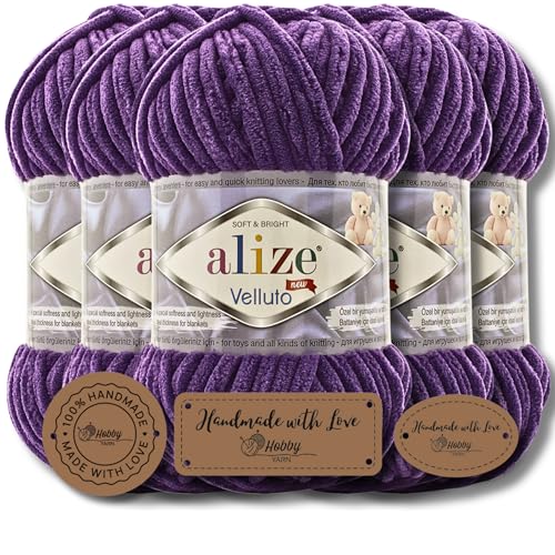 Hobby YARN 3x Etikettenlabel mit Alize Velluto Wolle Premium 5x100g als Set | Chenille Dicke Wolle zum Häkeln Uni Farbe Bulky Amigurumi Baby Kuschelwolle Filzwolle (Purple | 44) von Hobby YARN