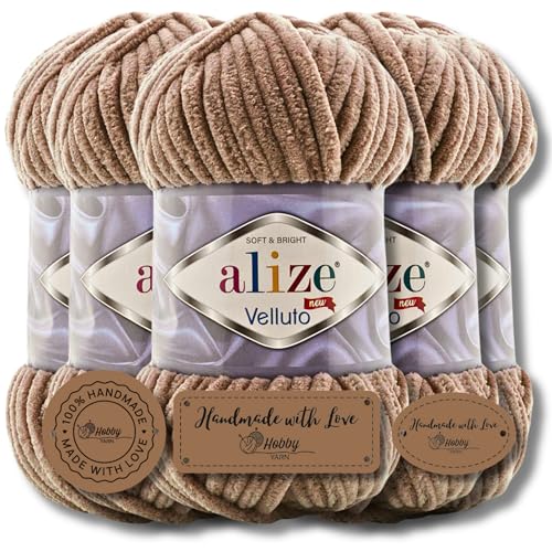 Hobby YARN 3x Etikettenlabel mit Alize Velluto Wolle Premium 5x100g als Set | Chenille Dicke Wolle zum Häkeln Uni Farbe Bulky Amigurumi Baby Kuschelwolle Filzwolle (Tobacco Brown | 329) von Hobby YARN