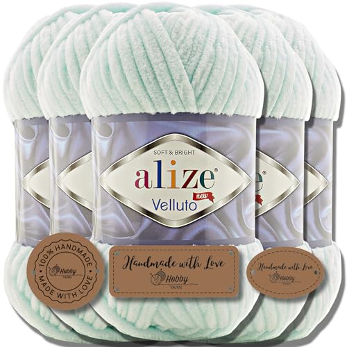 Hobby YARN 3x Etikettenlabel mit Alize Velluto Wolle Premium 5x100g als Set | Chenille Dicke Wolle zum Häkeln Uni Farbe Bulky Amigurumi Baby Kuschelwolle Filzwolle (Water Green | 15) von Hobby YARN