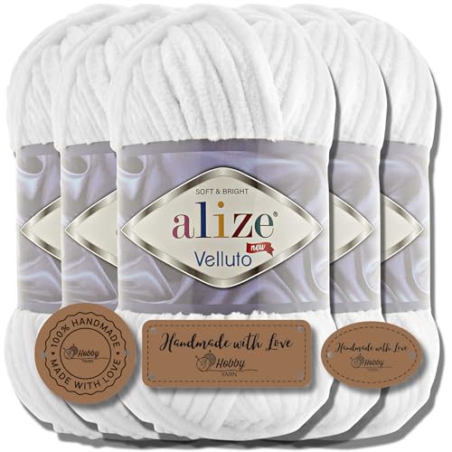 Hobby YARN 3x Etikettenlabel mit Alize Velluto Wolle Premium 5x100g als Set | Chenille Dicke Wolle zum Häkeln Uni Farbe Bulky Amigurumi Baby Kuschelwolle Filzwolle (White | 55) von Hobby YARN