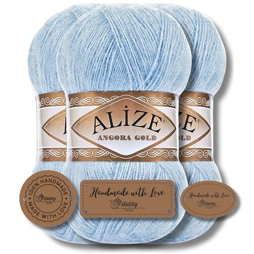 Hobby YARN Alize 3x 100g mit 3x Label als Set Angora Gold Türkische Premium Wolle Dünne Mohair aus Schurwolle Babywolle als Strickgarn Handstrickgarn Einfarbig Uni Yarn (953) von Hobby YARN