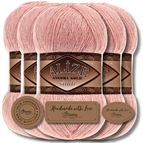 Hobby YARN Alize 5x 100 g Angora Gold Simli Türkische Premium Wolle Mohair aus Schurwolle mit Glitzereffekt Babywolle als Strickgarn Handstrickgarn Angorawolle Uni Yarn (Bride Pink | 363) von Hobby YARN