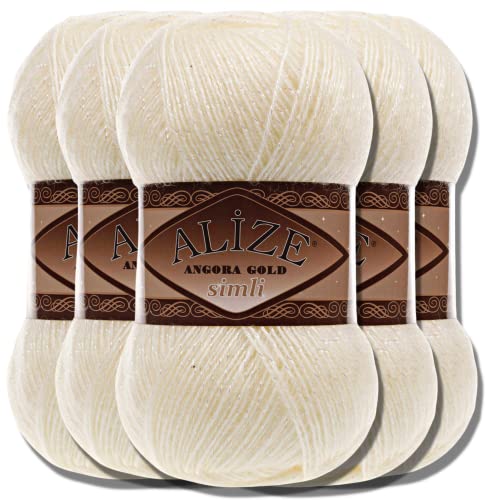 Hobby YARN Alize 5x 100 g Angora Gold Simli Türkische Premium Wolle Mohair aus Schurwolle mit Glitzereffekt Babywolle als Strickgarn Handstrickgarn Angorawolle Uni Yarn (Candle Light | 67) von Hobby YARN