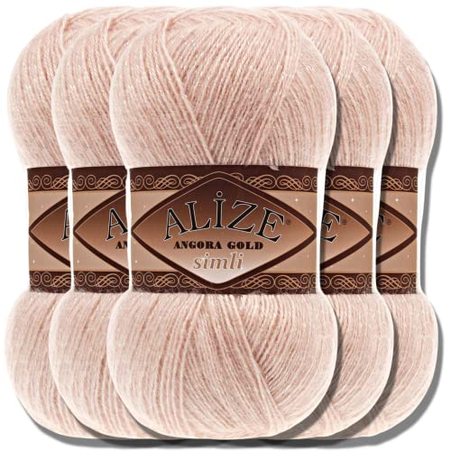 Hobby YARN Alize 5x 100 g Angora Gold Simli Türkische Premium Wolle Mohair aus Schurwolle mit Glitzereffekt Babywolle als Strickgarn Handstrickgarn Angorawolle Uni Yarn (Champagne | 404) von Hobby YARN