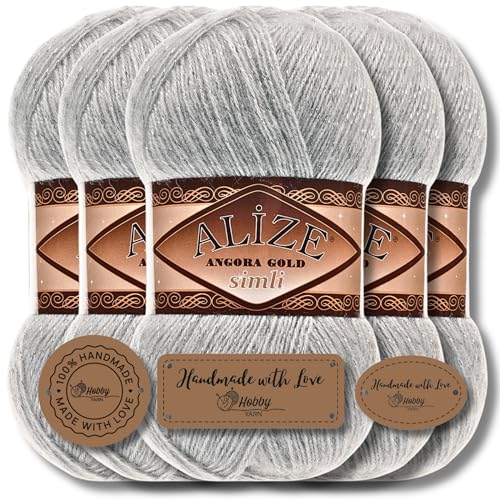 Hobby YARN Alize 5x 100 g Angora Gold Simli Türkische Premium Wolle Mohair aus Schurwolle mit Glitzereffekt Babywolle als Strickgarn Handstrickgarn Angorawolle Uni Yarn (Grey | 21) von Hobby YARN