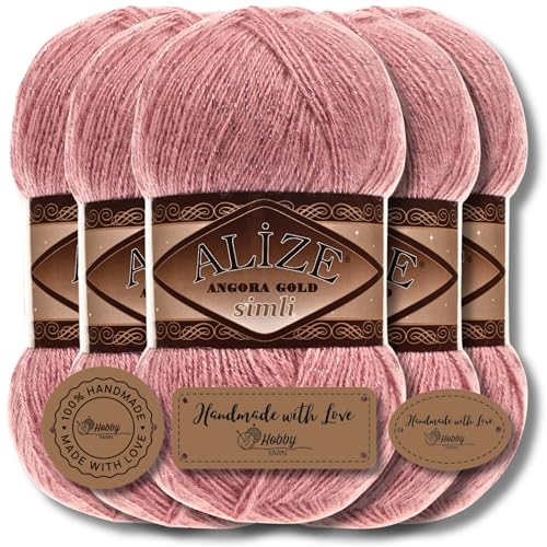 Hobby YARN Alize 5x 100 g Angora Gold Simli Türkische Premium Wolle Mohair aus Schurwolle mit Glitzereffekt Babywolle als Strickgarn Handstrickgarn Angorawolle Uni Yarn (Salmon Pink | 144) von Hobby YARN
