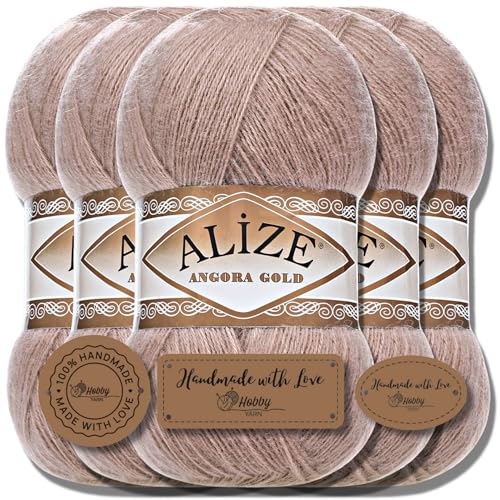 Hobby YARN Alize 5x 100g Angora Gold Türkische Premium Wolle Dünne Mohair aus Schurwolle Babywolle als Strickgarn Handstrickgarn Einfarbig Uni Yarn (Bark | 524))) von Hobby YARN