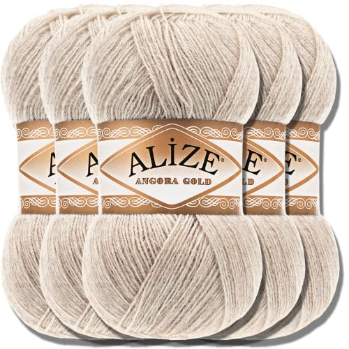 Hobby YARN Alize 5x 100g Angora Gold Türkische Premium Wolle Dünne Mohair aus Schurwolle Babywolle als Strickgarn Handstrickgarn Einfarbig Uni Yarn (Beige Melange | 152) von Hobby YARN