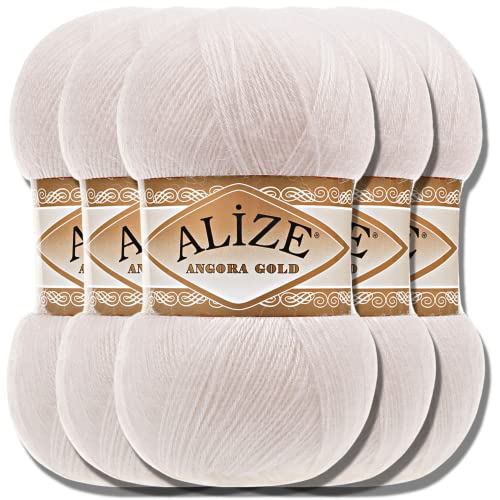 Hobby YARN Alize 5x 100g Angora Gold Türkische Premium Wolle Dünne Mohair aus Schurwolle Babywolle als Strickgarn Handstrickgarn Einfarbig Uni Yarn (Bone | 599) von Hobby YARN