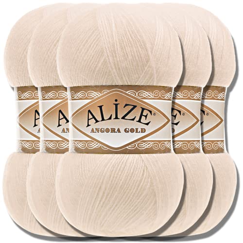 Hobby YARN Alize 5x 100g Angora Gold Türkische Premium Wolle Dünne Mohair aus Schurwolle Babywolle als Strickgarn Handstrickgarn Einfarbig Uni Yarn (Candle Light | 67) von Hobby YARN