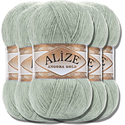 Hobby YARN Alize 5x 100g Angora Gold Türkische Premium Wolle Dünne Mohair aus Schurwolle Babywolle als Strickgarn Handstrickgarn Einfarbig Uni Yarn (Green Almond | 515) von Hobby YARN