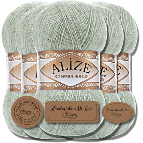 Hobby YARN Alize 5x 100g Angora Gold Türkische Premium Wolle Dünne Mohair aus Schurwolle Babywolle als Strickgarn Handstrickgarn Einfarbig Uni Yarn (Green Almond | 515) von Hobby YARN