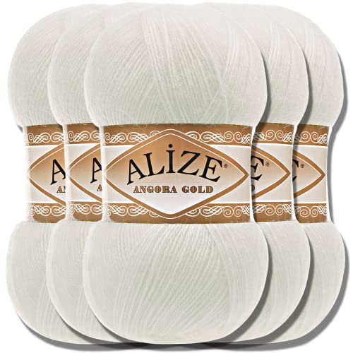 Hobby YARN Alize 5x 100g Angora Gold Türkische Premium Wolle Dünne Mohair aus Schurwolle Babywolle als Strickgarn Handstrickgarn Einfarbig Uni Yarn (Light Cream | 62) von Hobby YARN