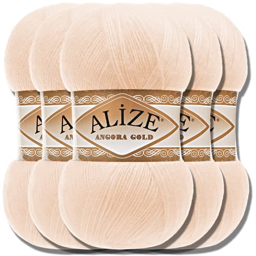 Hobby YARN Alize 5x 100g Angora Gold Türkische Premium Wolle Dünne Mohair aus Schurwolle Babywolle als Strickgarn Handstrickgarn Einfarbig Uni Yarn (Light Salmon | 681) von Hobby YARN