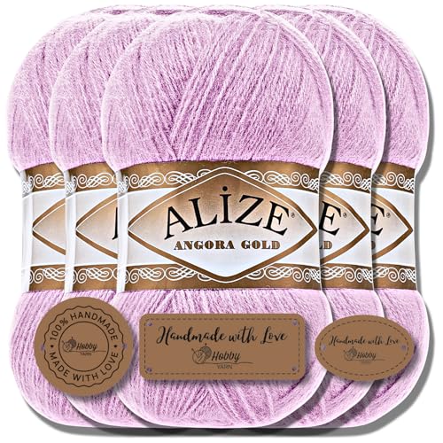Hobby YARN Alize 5x 100g Angora Gold Türkische Premium Wolle Dünne Mohair aus Schurwolle Babywolle als Strickgarn Handstrickgarn Einfarbig Uni Yarn (Lilac | 27) von Hobby YARN