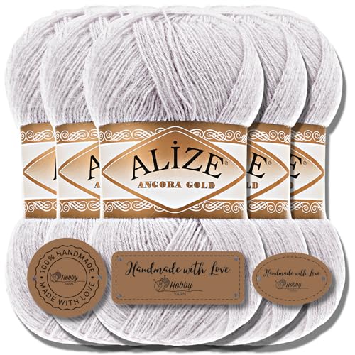 Hobby YARN Alize 5x 100g Angora Gold Türkische Premium Wolle Dünne Mohair aus Schurwolle Babywolle als Strickgarn Handstrickgarn Einfarbig Uni Yarn (Limestone | 71) von Hobby YARN