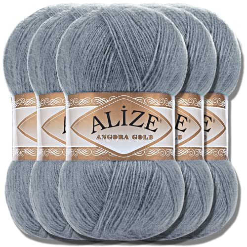 Hobby YARN Alize 5x 100g Angora Gold Türkische Premium Wolle Dünne Mohair aus Schurwolle Babywolle als Strickgarn Handstrickgarn Einfarbig Uni Yarn (Medium Grey | 87) von Hobby YARN