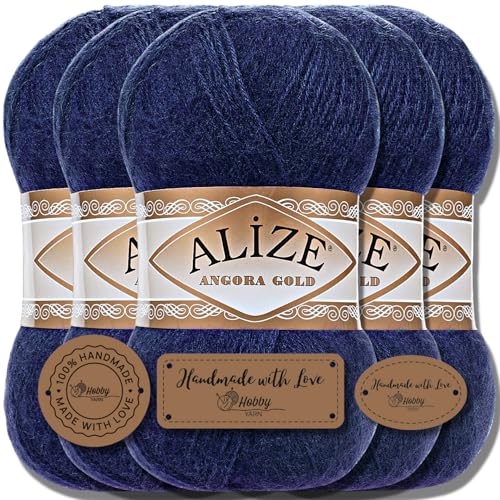 Hobby YARN Alize 5x 100g Angora Gold Türkische Premium Wolle Dünne Mohair aus Schurwolle Babywolle als Strickgarn Handstrickgarn Einfarbig Uni Yarn (Navy | 58) von Hobby YARN