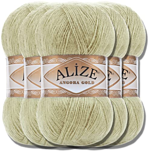 Hobby YARN Alize 5x 100g Angora Gold Türkische Premium Wolle Dünne Mohair aus Schurwolle Babywolle als Strickgarn Handstrickgarn Einfarbig Uni Yarn (Pastel Green |267) von Hobby YARN