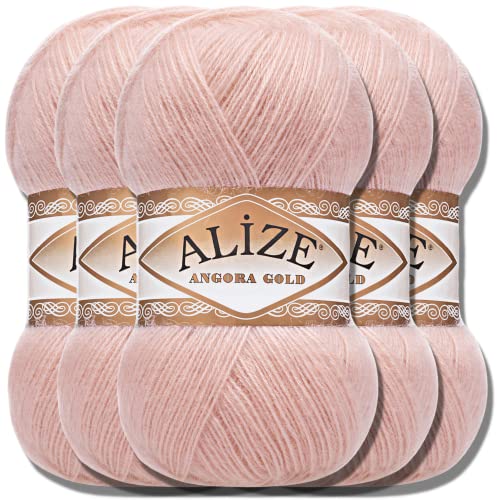 Hobby YARN Alize 5x 100g Angora Gold Türkische Premium Wolle Dünne Mohair aus Schurwolle Babywolle als Strickgarn Handstrickgarn Einfarbig Uni Yarn (Powder | 161) von Hobby YARN