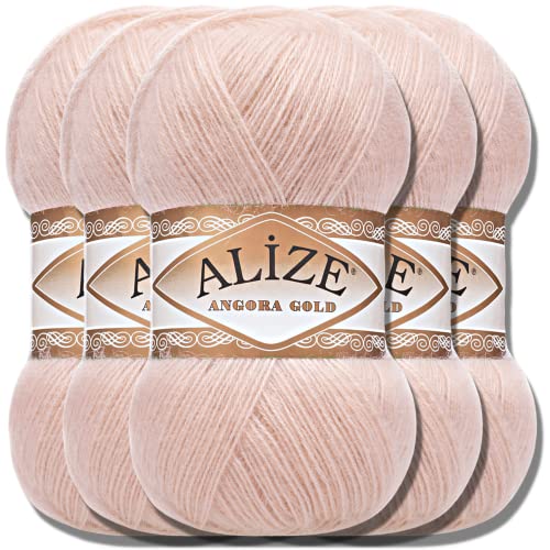 Hobby YARN Alize 5x 100g Angora Gold Türkische Premium Wolle Dünne Mohair aus Schurwolle Babywolle als Strickgarn Handstrickgarn Einfarbig Uni Yarn (Powder | 404) von Hobby YARN